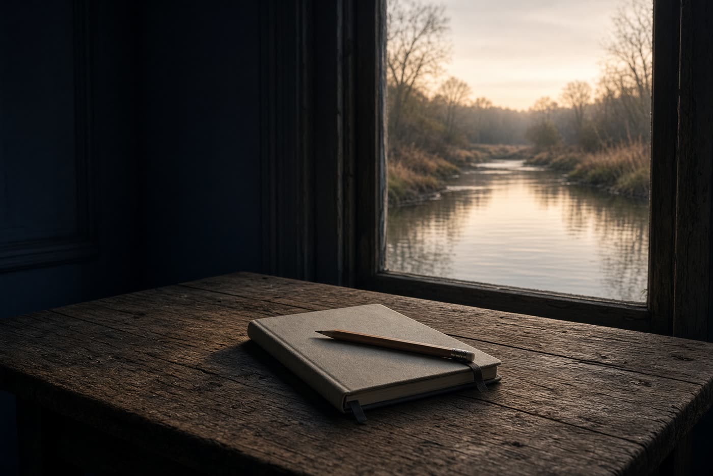 An empty table and a closed notebook by a window on the water